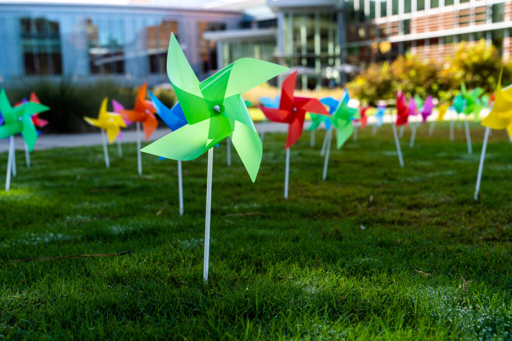 Close up of one green pinwheel amidst 1000 pinwheels on Stafford Commons in honor of Suicide Prevention Awareness Month.
